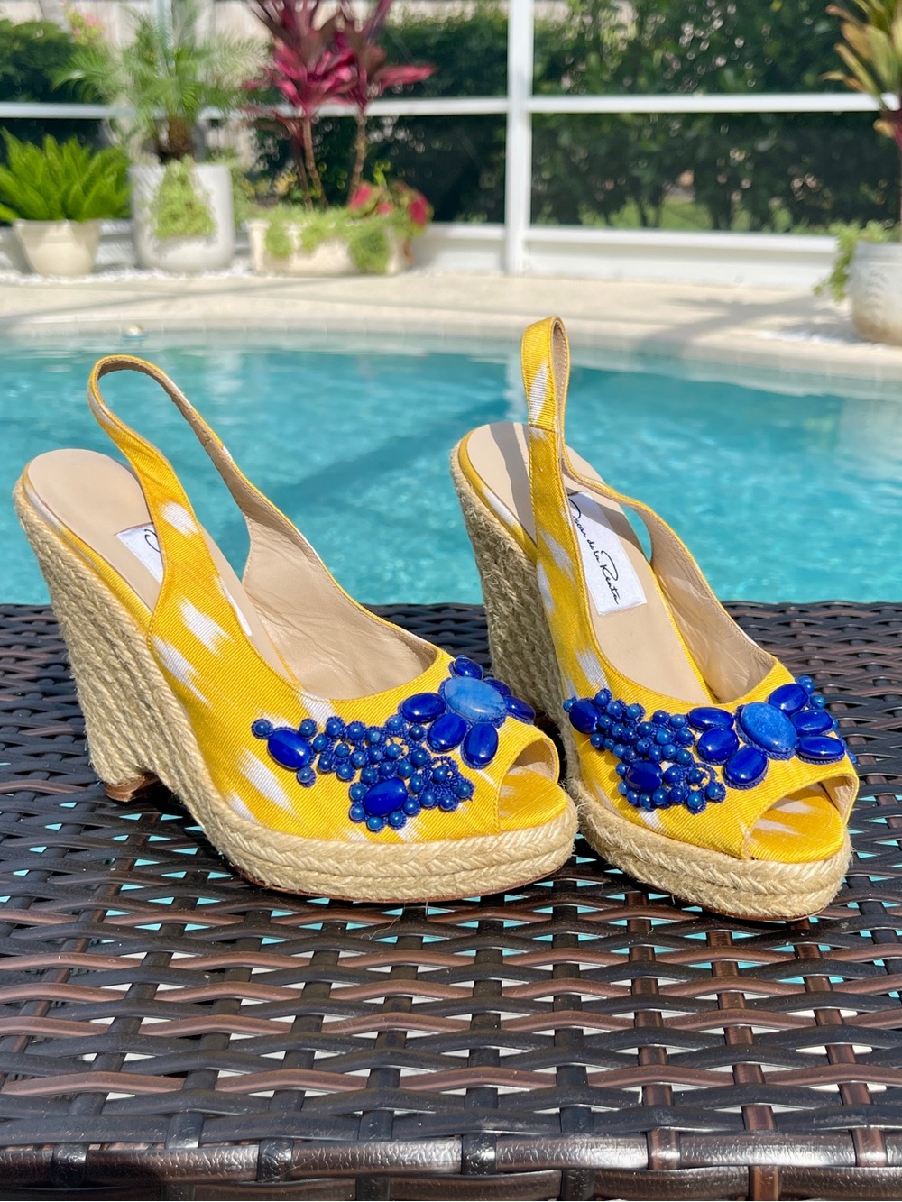 Oscar de la Renta Yellow Beaded Canvas Espadrille Wedges - Size 36